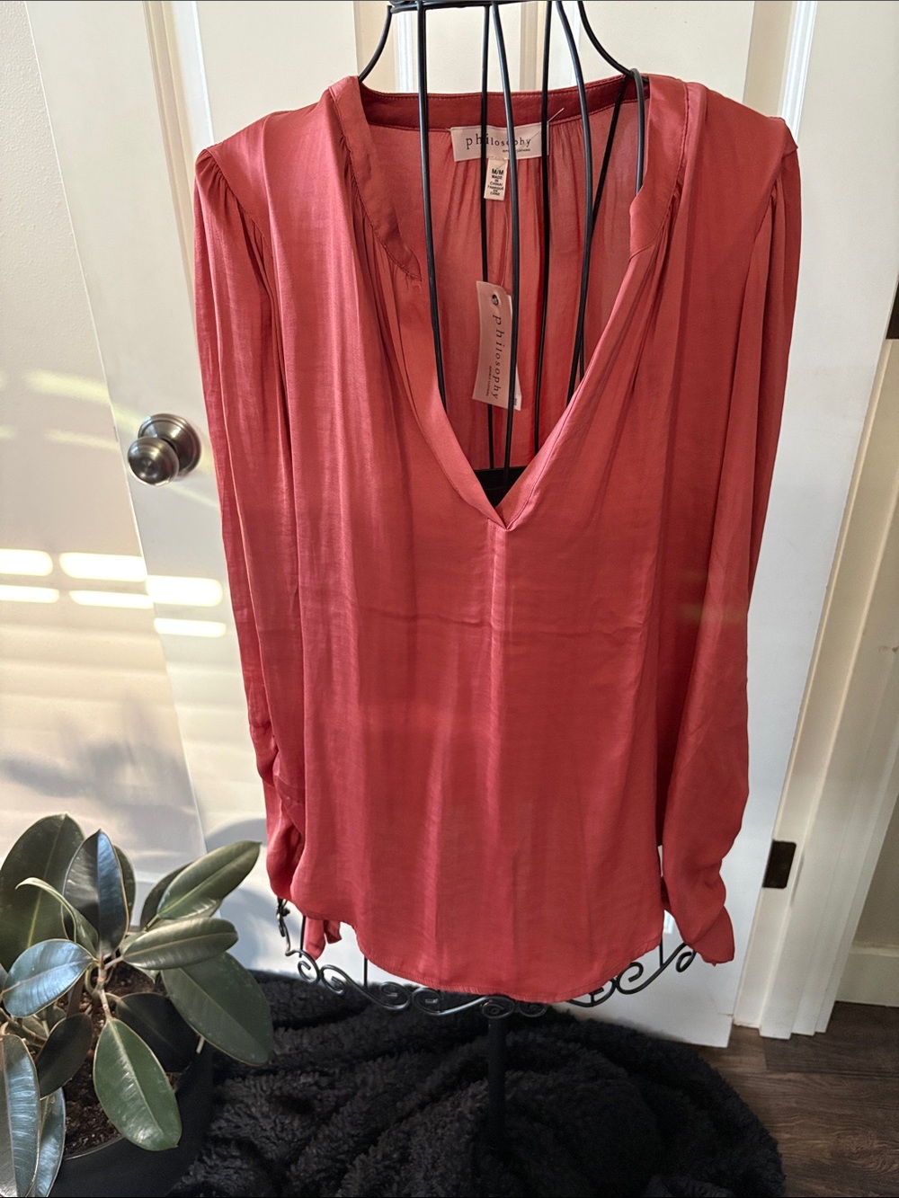 Philosophy V-Neck Long Sleeve Blouse in Coral Pink